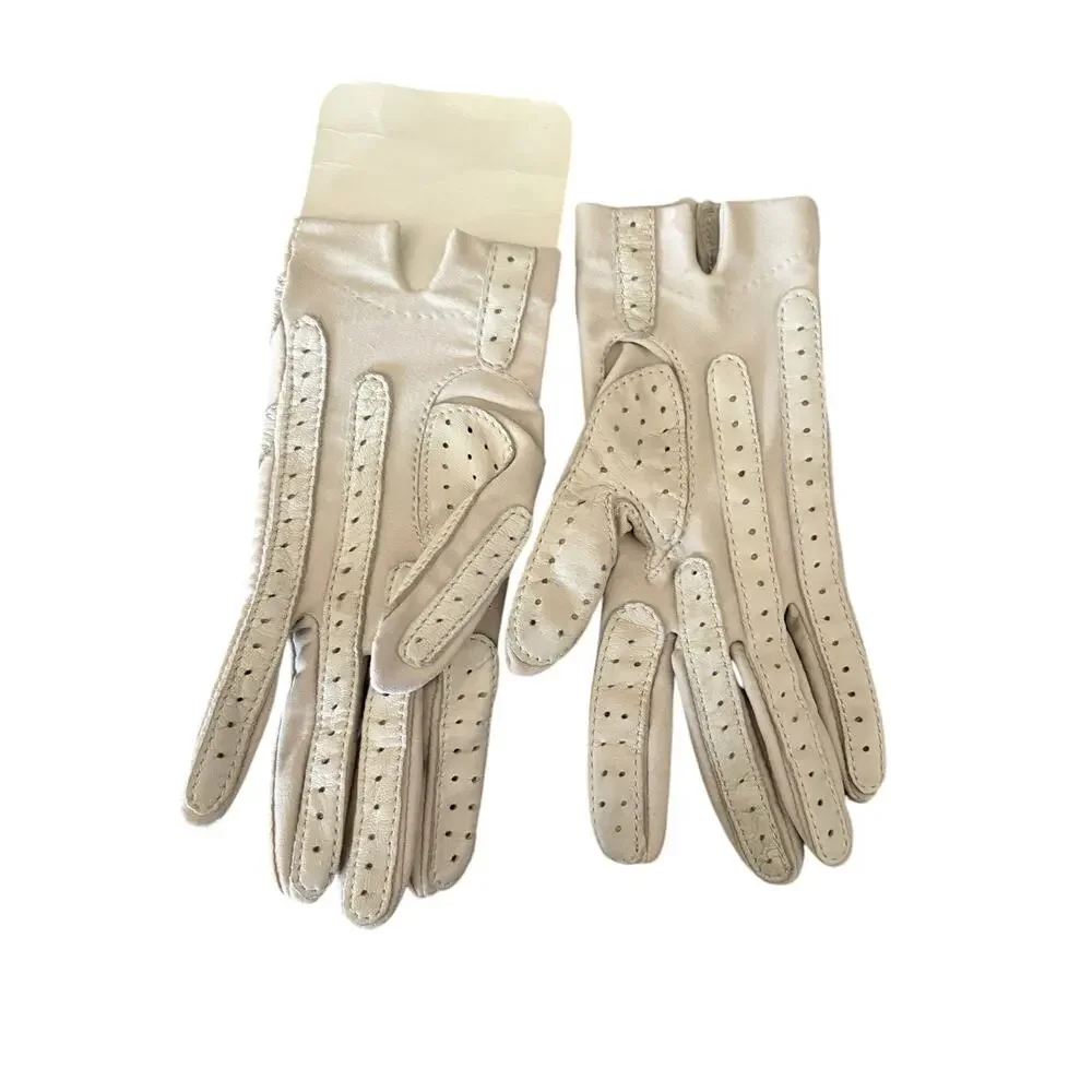Vintage Isotoner Bone one size gloves leather trimmed stretch Driving Gloves